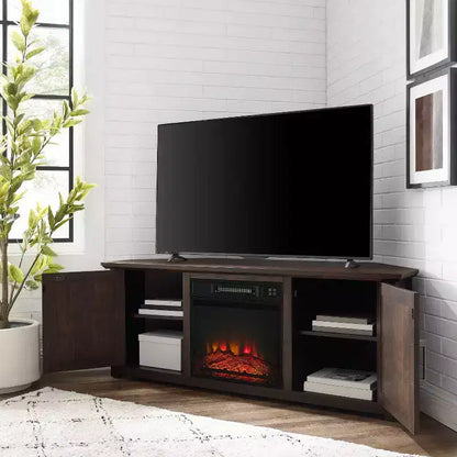 Noce Scuro / Nero / Rovere Ghiacciato, Mobile TV ad Angolo con Camino Elettrico, Adatto a TV fino a 65"