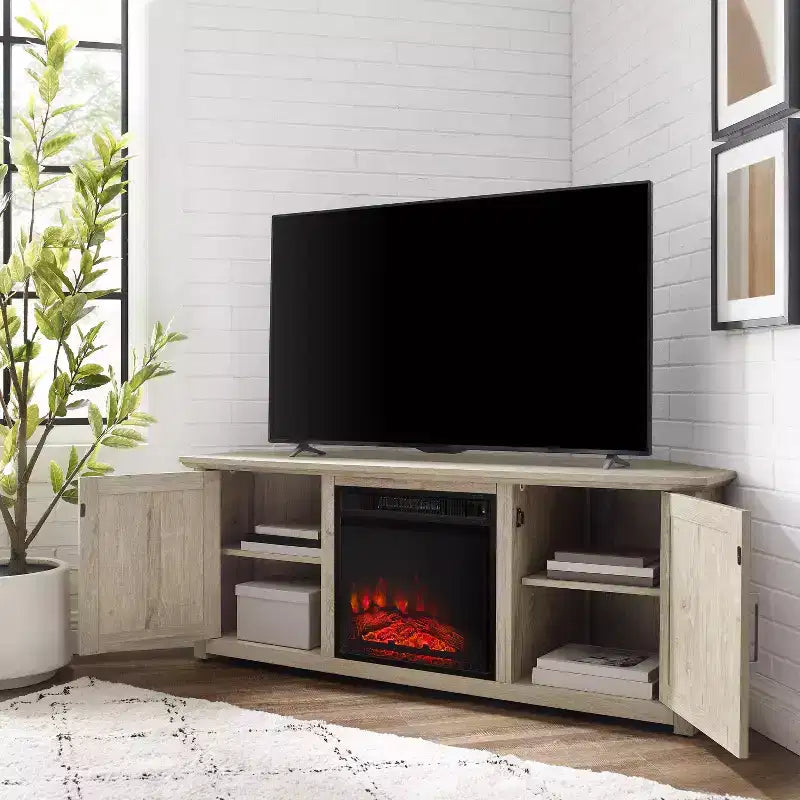 Noce Scuro / Nero / Rovere Ghiacciato, Mobile TV ad Angolo con Camino Elettrico, Adatto a TV fino a 65"