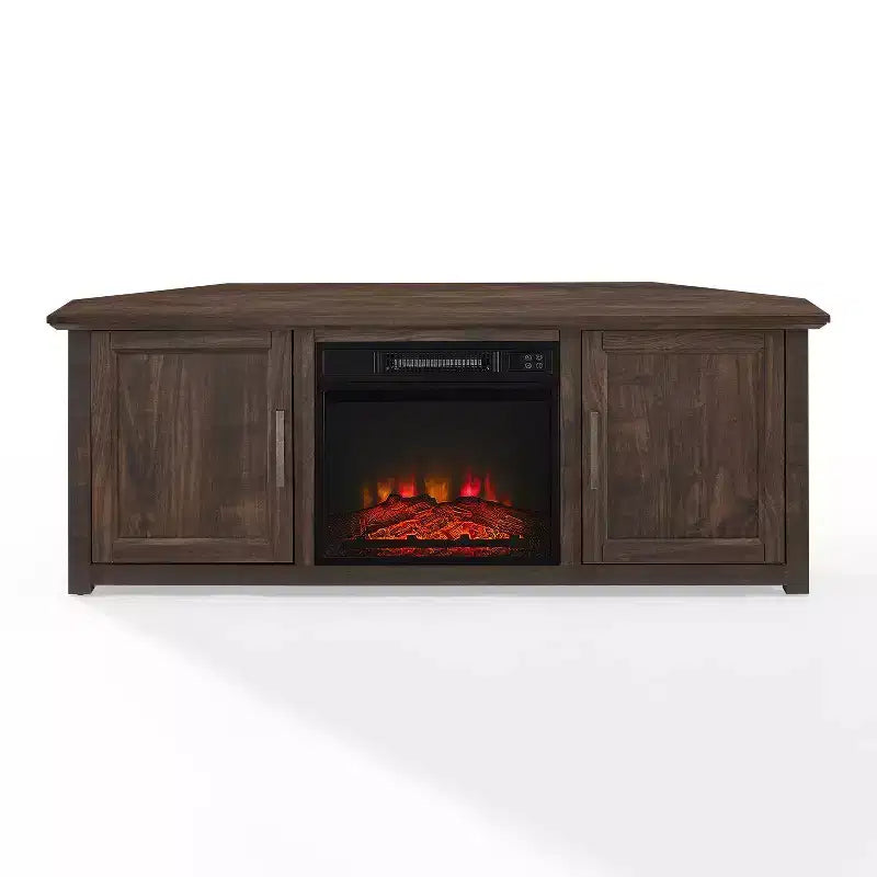 Noce Scuro / Nero / Rovere Ghiacciato, Mobile TV ad Angolo con Camino Elettrico, Adatto a TV fino a 65"