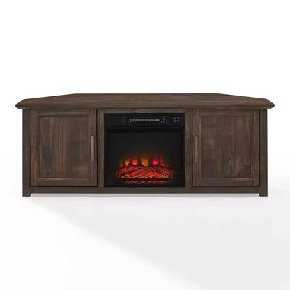 Noce Scuro / Nero / Rovere Ghiacciato, Mobile TV ad Angolo con Camino Elettrico, Adatto a TV fino a 65"