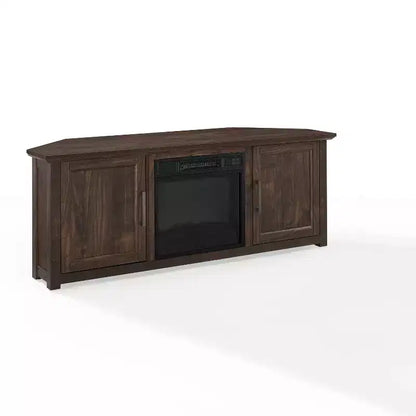 Noce Scuro / Nero / Rovere Ghiacciato, Mobile TV ad Angolo con Camino Elettrico, Adatto a TV fino a 65"