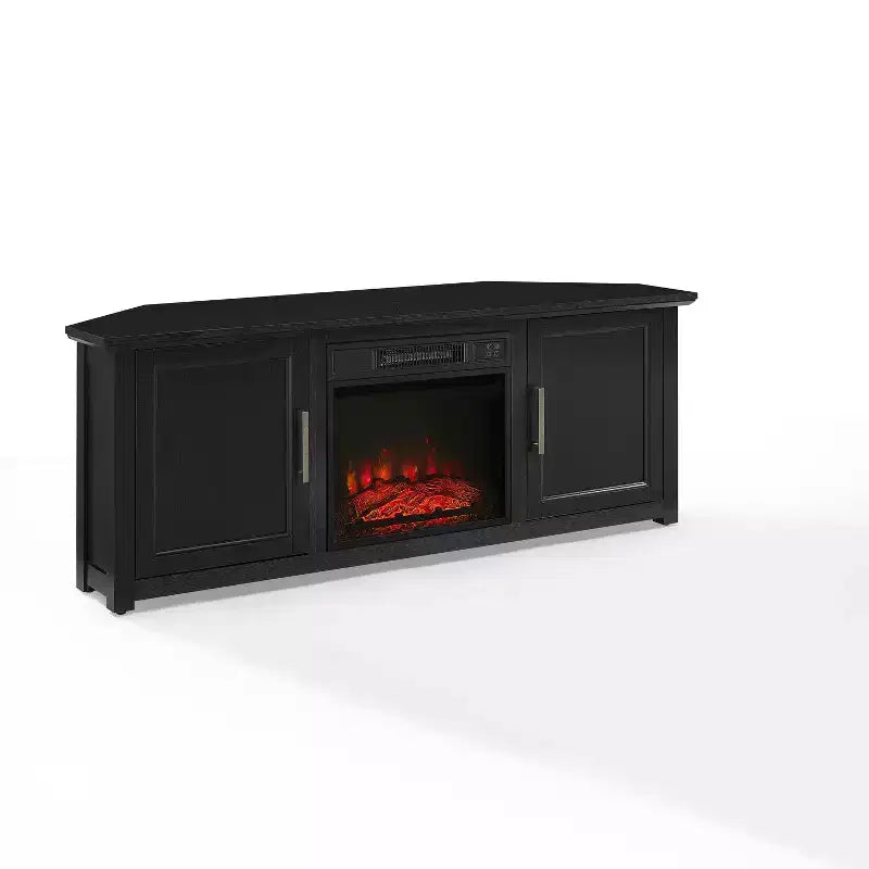 Noce Scuro / Nero / Rovere Ghiacciato, Mobile TV ad Angolo con Camino Elettrico, Adatto a TV fino a 65"
