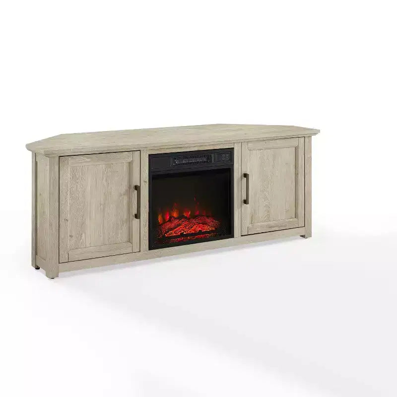 Noce Scuro / Nero / Rovere Ghiacciato, Mobile TV ad Angolo con Camino Elettrico, Adatto a TV fino a 65"