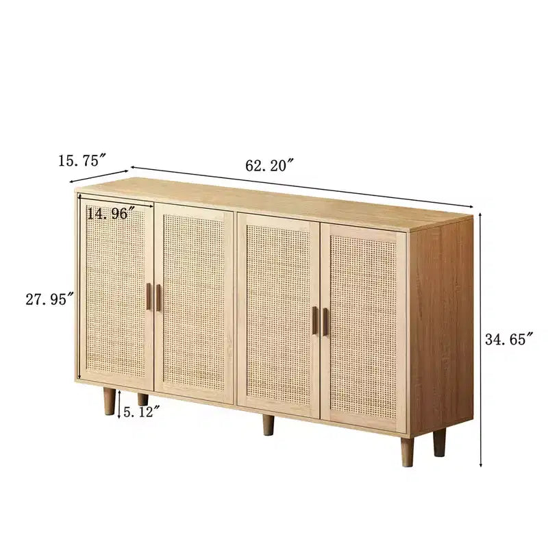 Mobile Contenitore/Madia a 4 Ante in Rattan Nero, per Uso Domestico Singolo